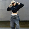 [Eye Of Moon] NEV Embroidery Fishbone Waist Cropped Hoodie